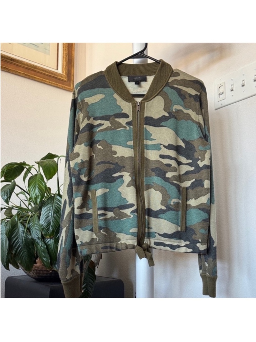 J Crew Knit Wool Blend Full zip Sweater/Jacket Sz S Camo Green Crewneck